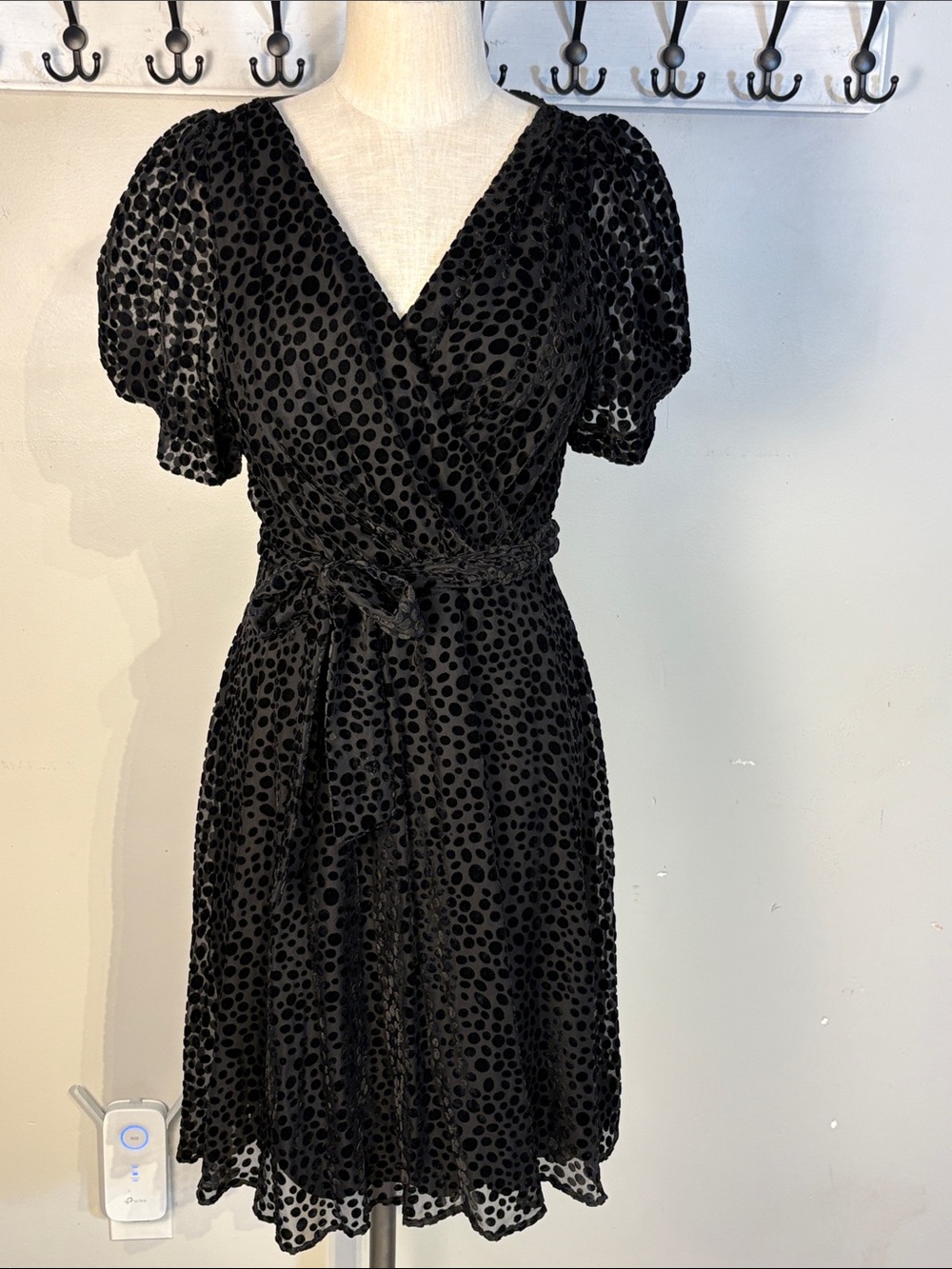 DKNY Black Polka Dot Wrap Midi Dress with Puff Sleeves NWT Size 14